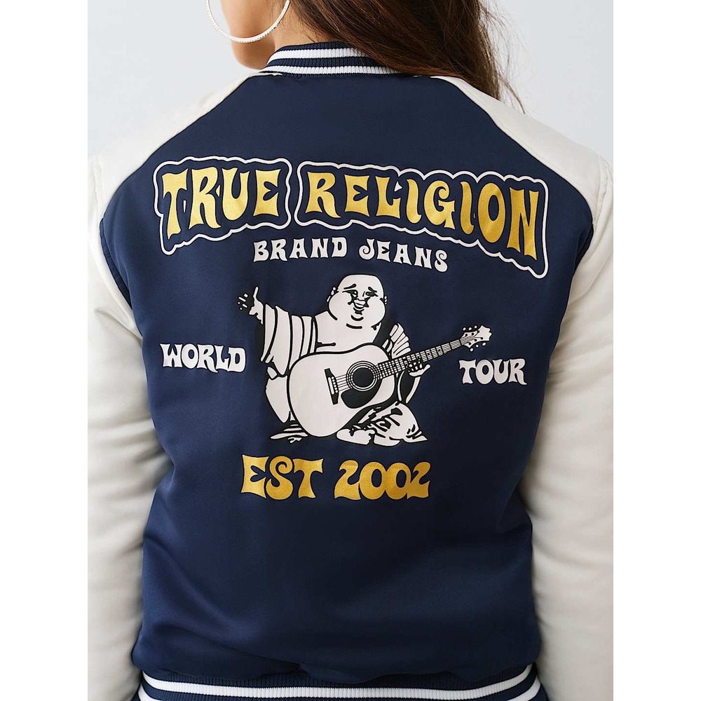 True Religion Buddha Satin Varsity Jacket Dress Blue Winter White 600492 Large